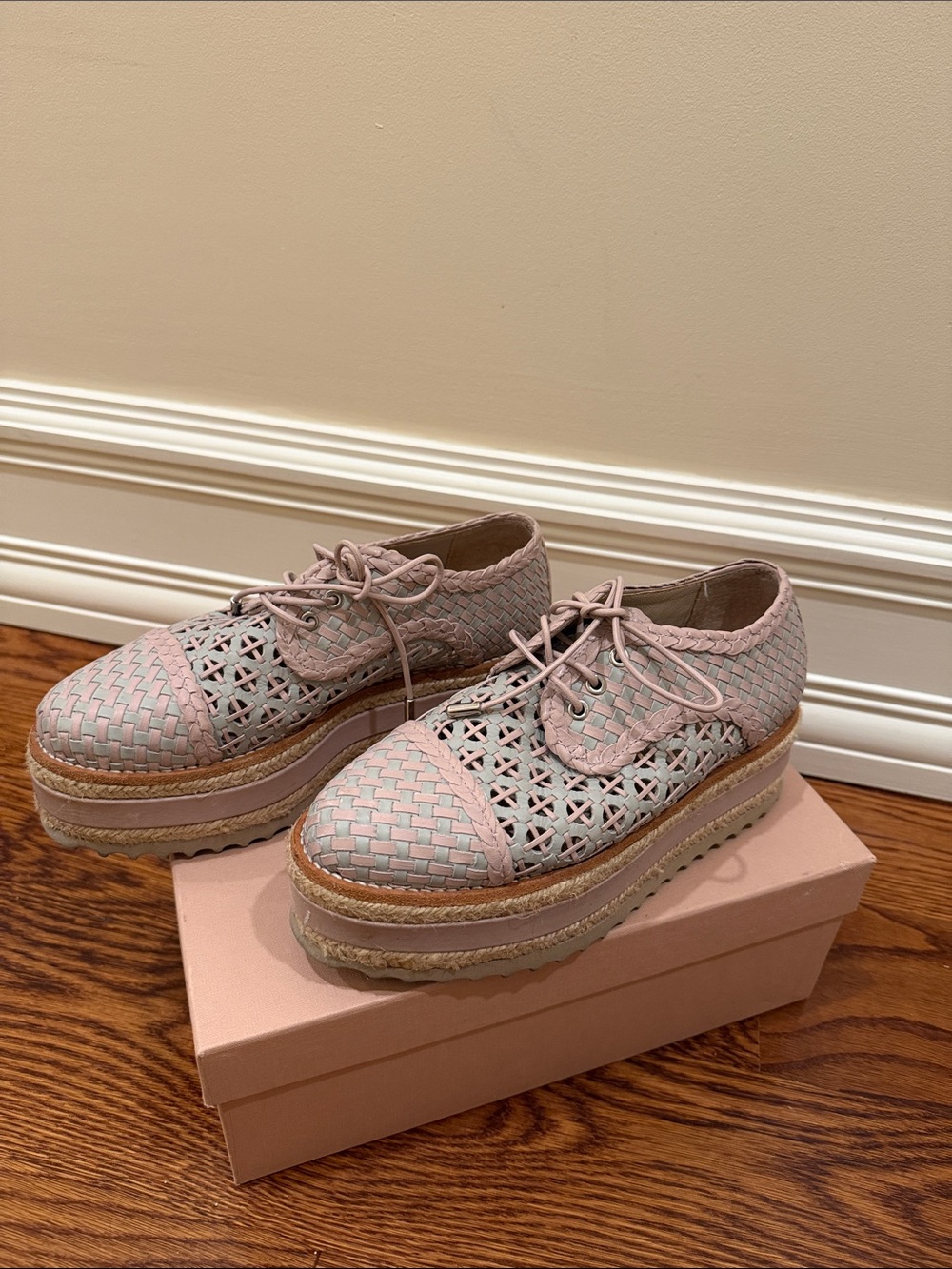 Zimmerman Woven Blush Pink and Baby Blue Leather Flatform Espadrilles